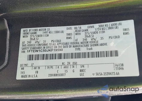 2018 Ford F-150 Xlt из США, поврежденный, VIN 1FTEW1C50JKF19590